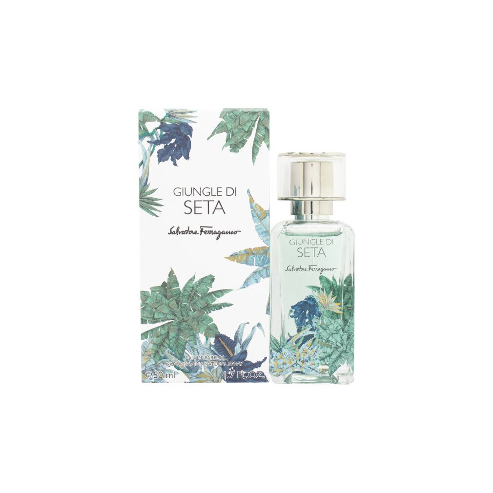 Salvatore Ferragamo Giungle di Seta Eau de Parfum 50ml Flakon und Verpackung mit botanischem Motiv.
