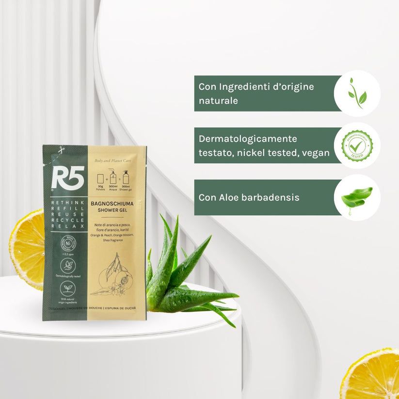 Duschgel-Beutel auf Podest. Text: R5, Bagnoschiuma, Orange & Pfirsich. Mit natürlichen Inhaltsstoffen, dermatologisch getestet, vegan.