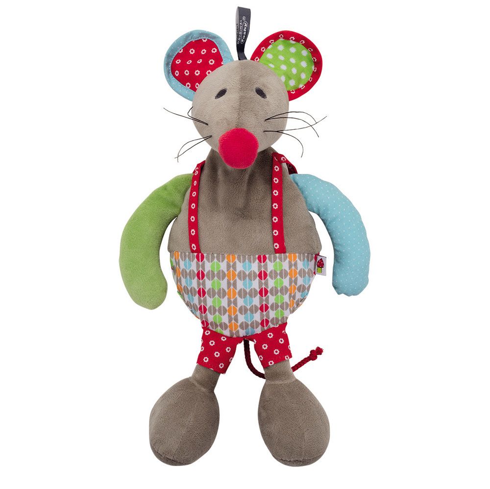 Stoffmaus mit Rapssamenfüllung. Grauer Körper, rote Nase, bunte Ohren und Kleidung. Aufhänger.