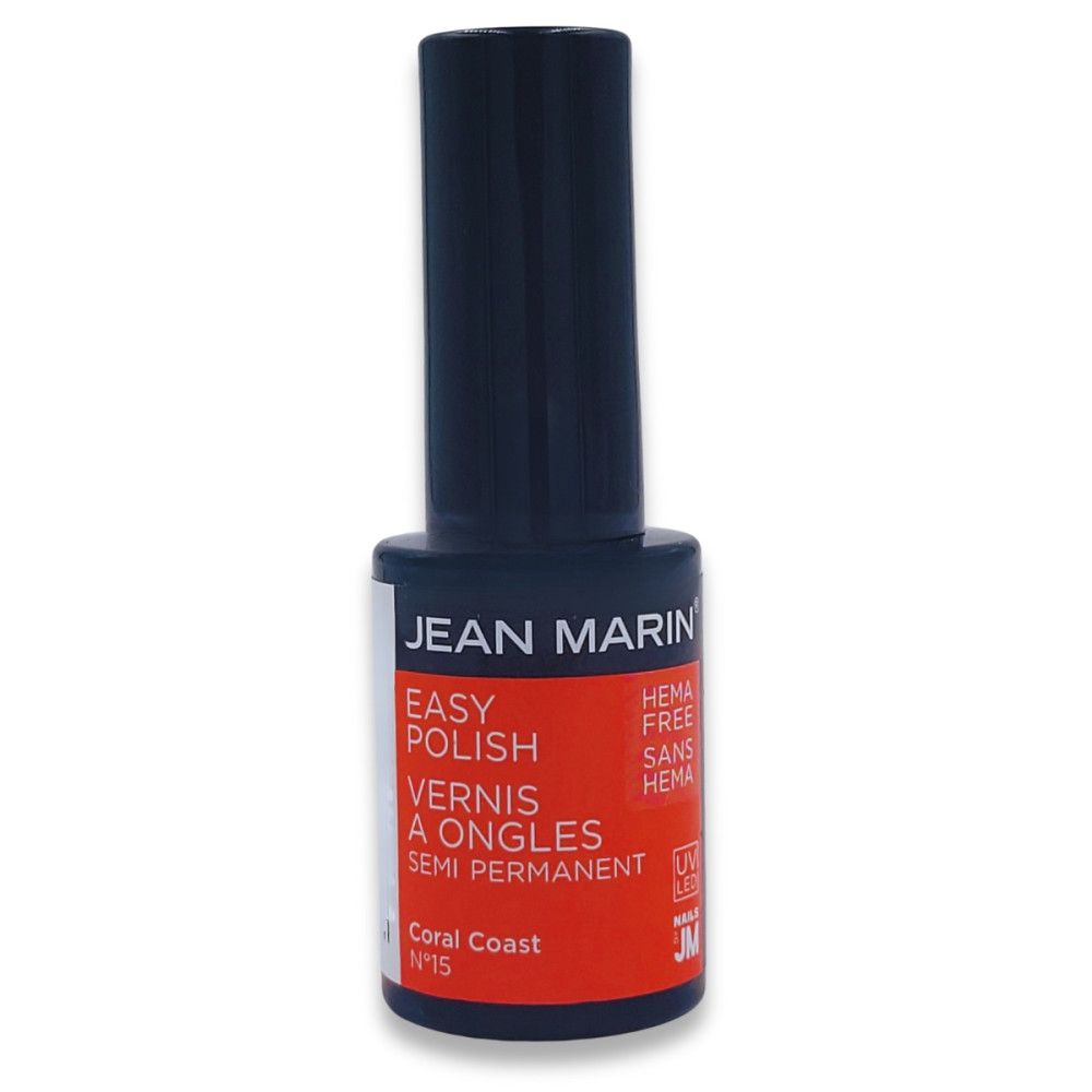 Nagellackflasche mit schwarzem Deckel. Aufschrift: JEAN MARIN, EASY POLISH, VERNIS A ONGLES SEMI PERMANENT. Farbe: Coral Coast.