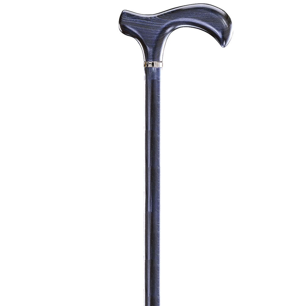 Gehstock mit gebogenem Griff und dunklem Schaft. Der Griff ist glänzend, der Schaft hat eine Holzmaserung. Ein silberner Ring verbindet Griff und Schaft.