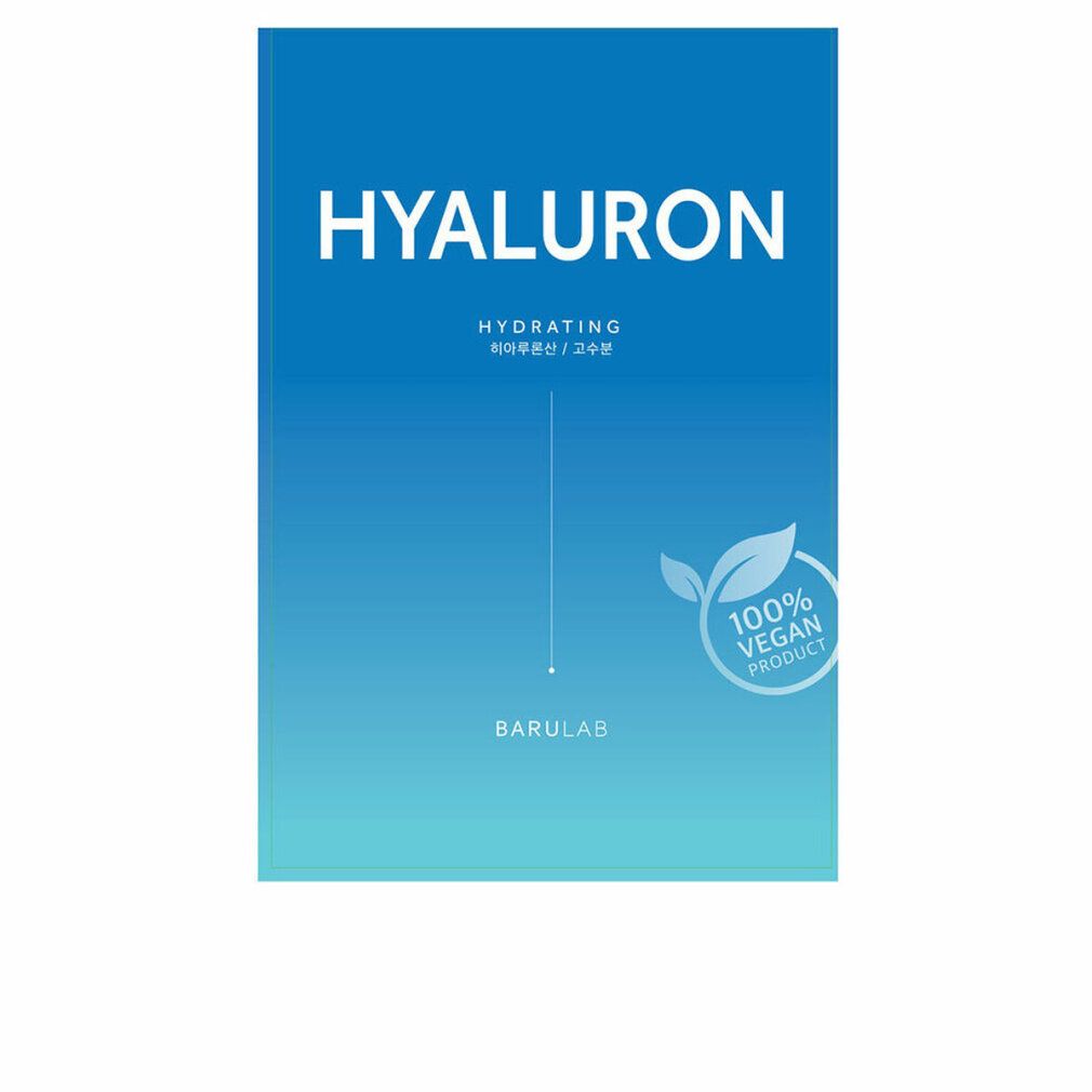 Blaue Verpackung mit weißem Text: HYALURON, HYDRATING, BARULAB. Vegan-Siegel.