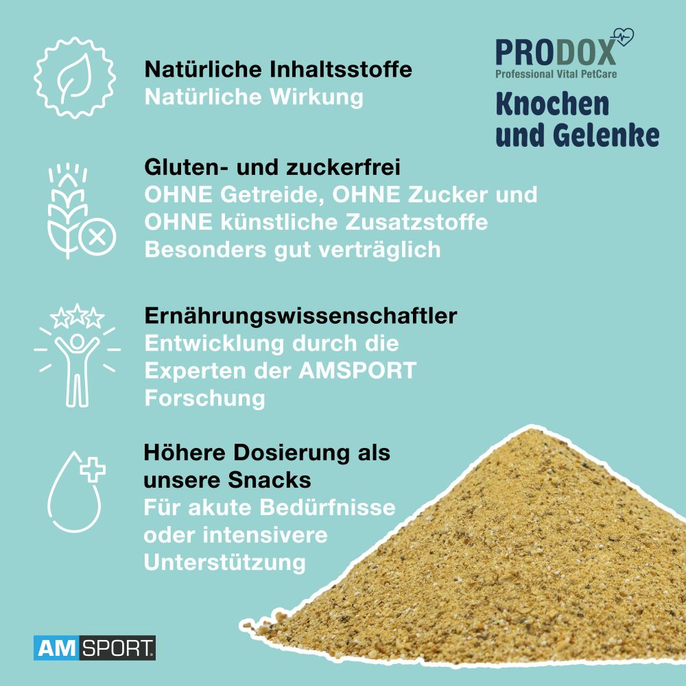 PRODOX Knochen und Gelenke Pulverhaufen. Text und Illustrationen. Natürliche Inhaltsstoffe, glutenfrei, höhere Dosierung.