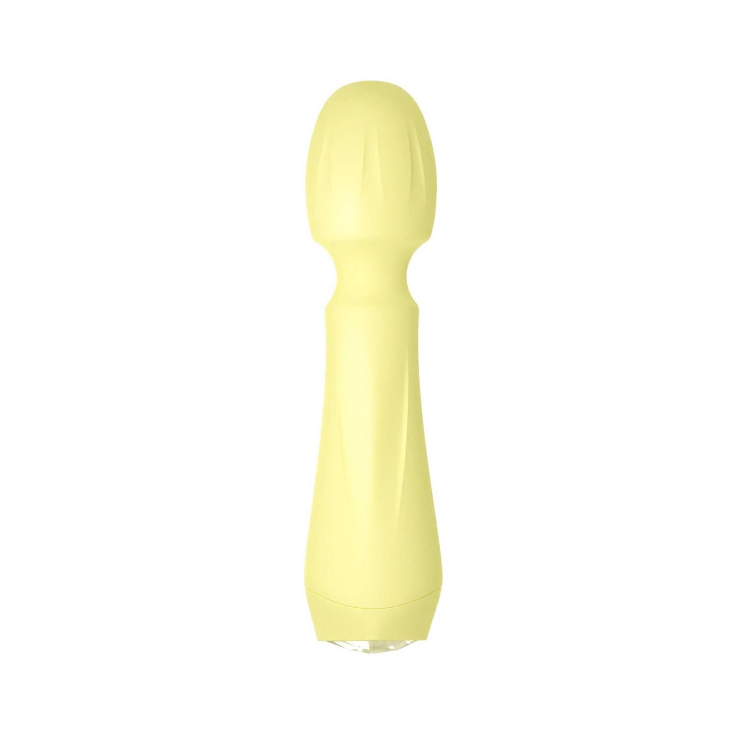 Gelber Mini-Vibrator. Zylindrischer Griff, abgerundeter Kopf. Glatte Oberfläche. Auf weißem Hintergrund.
