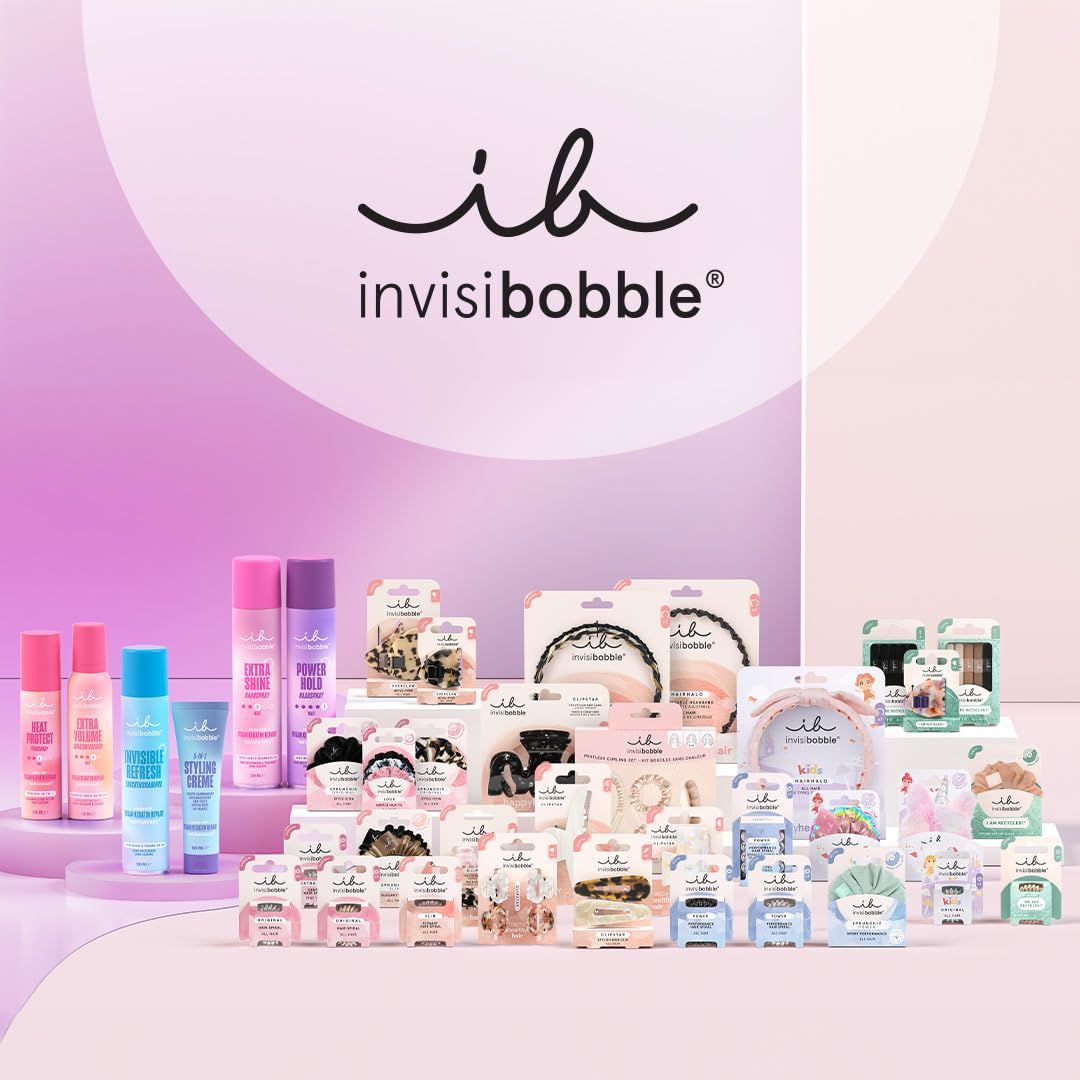 Verschiedene Produkte der Marke Invisibobble. Haargummis, Haarpflegeprodukte und Accessoires.