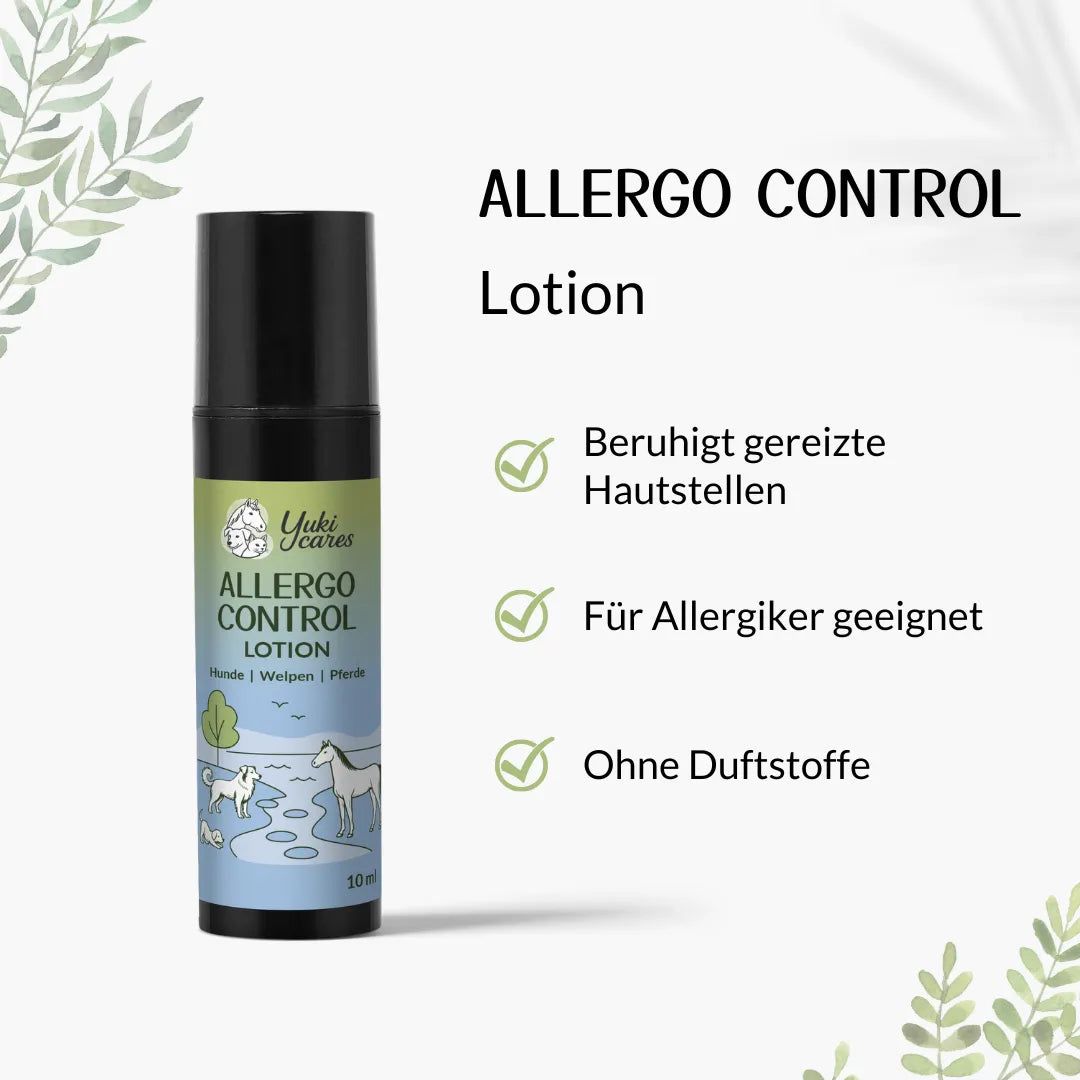 Lotion-Flasche mit schwarzem Deckel. Aufschrift: Allergo Control Lotion. Text: Beruhigt gereizte Hautstellen, für Allergiker geeignet, ohne Duftstoffe.
