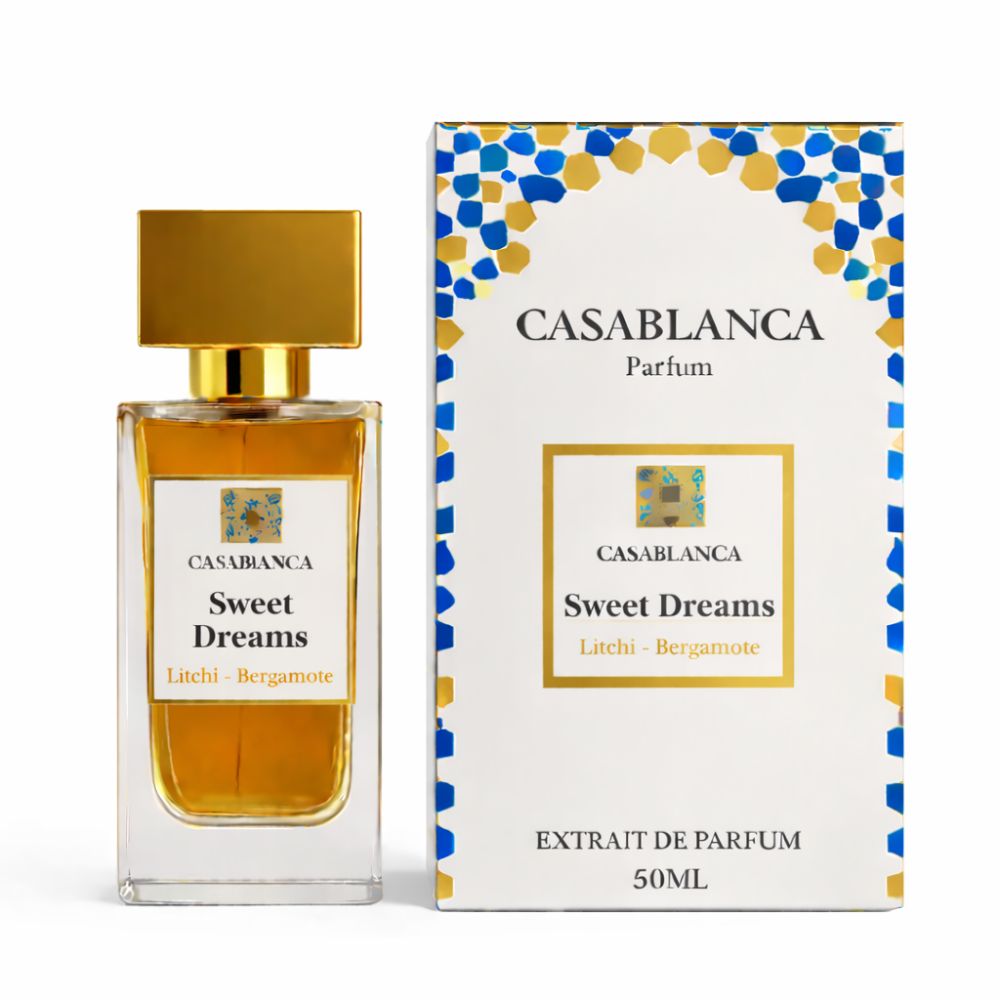 Parfümflasche und Verpackung. Flasche mit goldfarbenem Verschluss. Verpackung mit "CASABLANCA Sweet Dreams".
