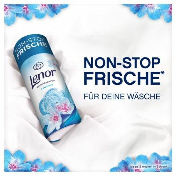 Zylindrische Flasche Lenor Waschparfüm Aprilfrisch auf weißem Stoff. Text: Non-Stop Frische, Für deine Wäsche.