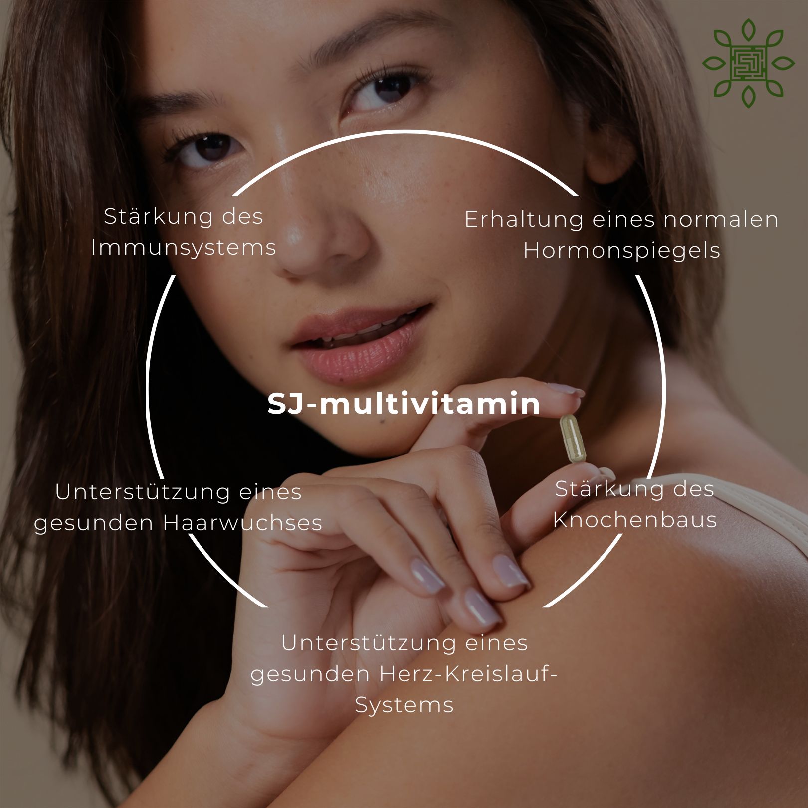 Frau mit Text über Vorteile von SJ-multivitamin: Immunsystem, Hormonhaushalt, Haarwuchs, Knochenbau, Kreislauf.