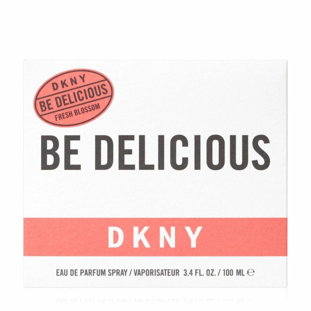 Weiße Verpackung mit Aufschrift: DKNY Be Delicious Fresh Blossom. Roter Streifen und Logo.
