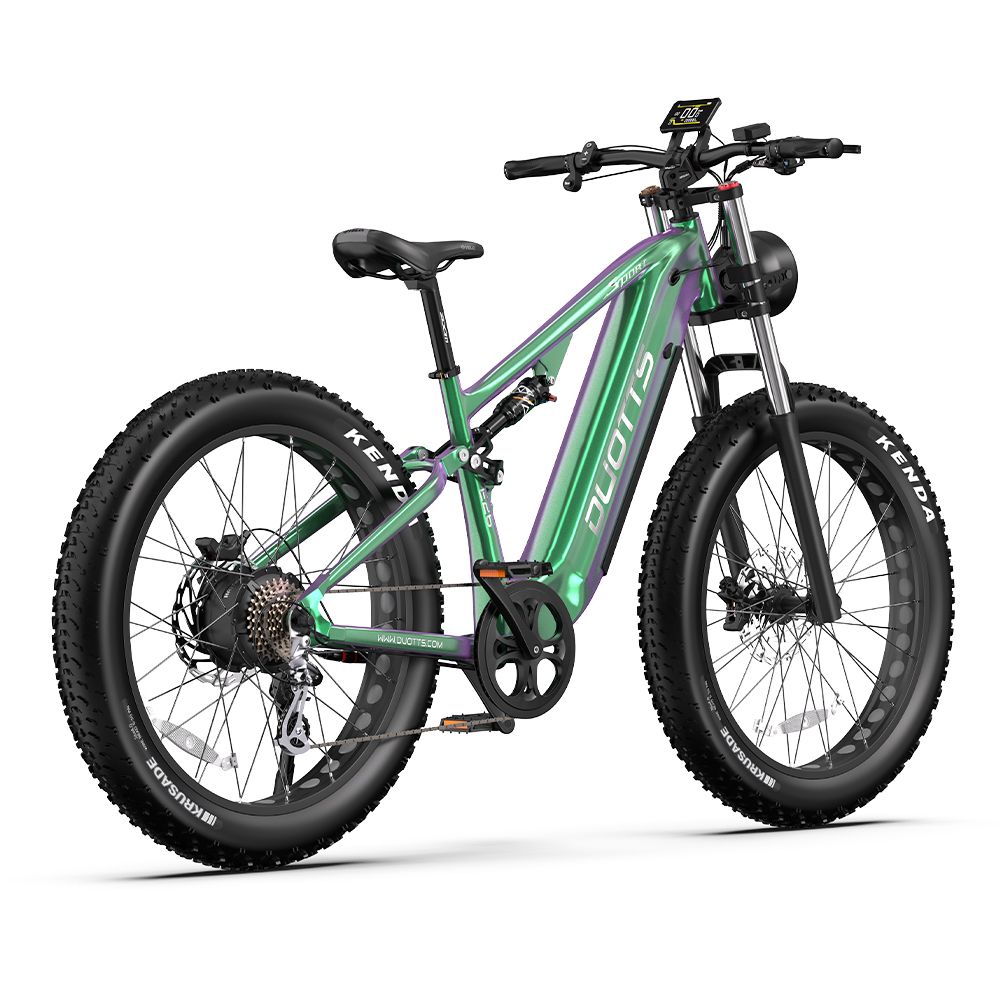 Grünes Elektro-Mountainbike mit breiten Reifen, DUOTTS-Logo, Scheinwerfer und Display.