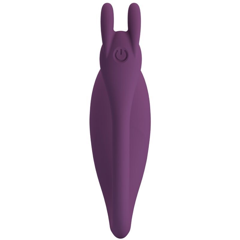 Lila Vibrator mit länglicher Form und zwei abgerundeten Enden. Ein Knopf mit Power-Symbol ist sichtbar.