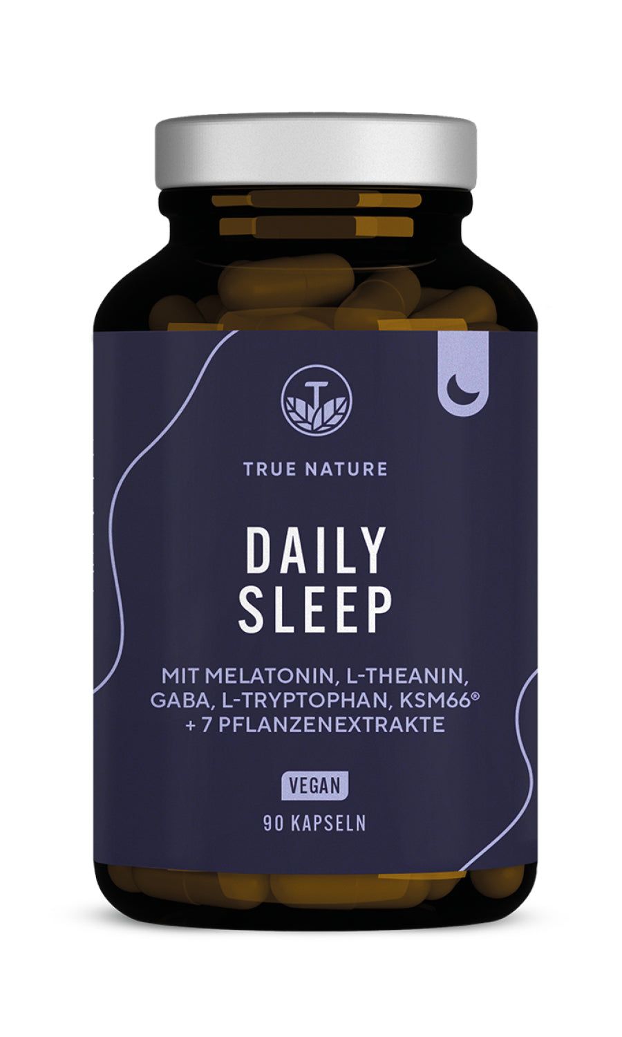 Braune Kapseln in einer dunklen Glasflasche. Aufschrift: TRUE NATURE, DAILY SLEEP, 90 Kapseln. Vegan.