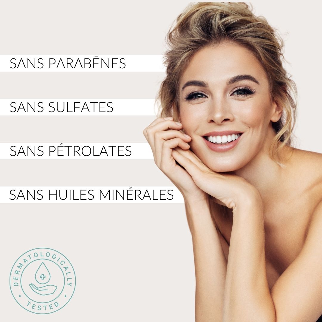 Femme aux cheveux blonds. Texte : Sans parabènes, sulfates, pétrolates, huiles minérales. Logo : Testé dermatologiquement.