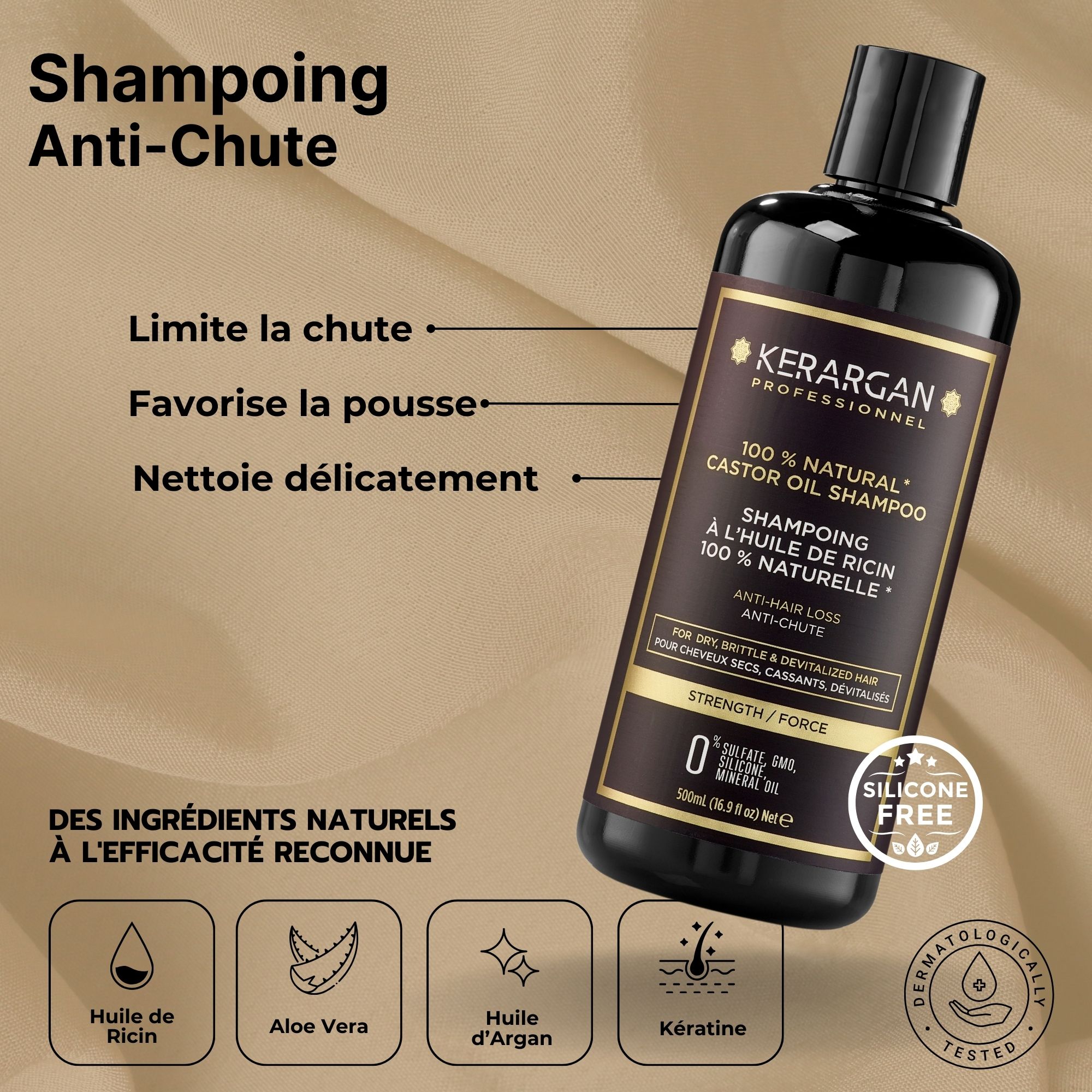 Shampooing Kerargan. Bouteille noire avec étiquette. Texte : 100% Natural Castor Oil Shampoo. Anti-chute. 500ml.