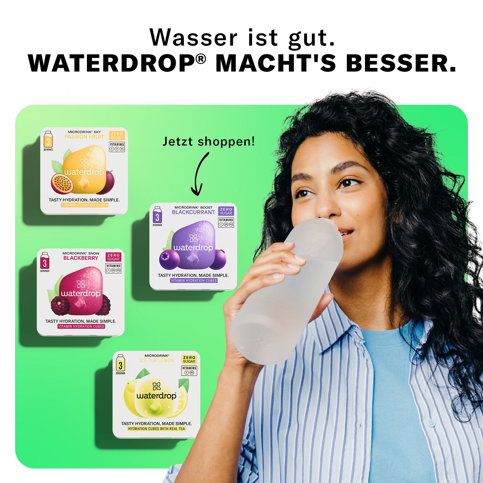 waterdrop® Starter Set Glass – 600ml Glasflasche + 18 Würfel – Vitamine, vegan, zuckerfrei