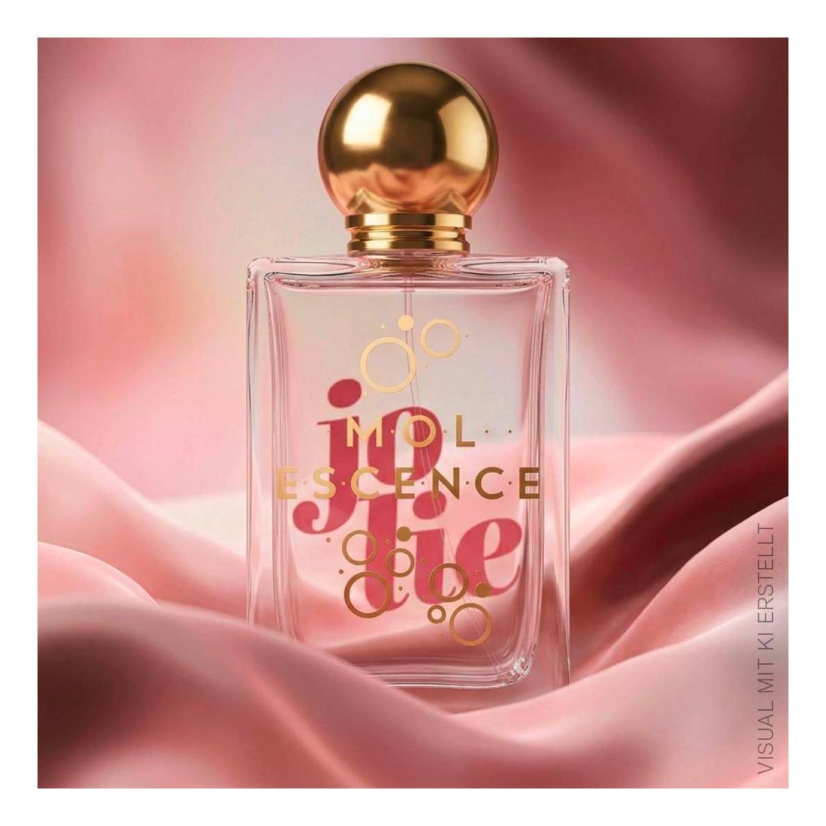 MolEscence Jolie EdP Parfümflakon auf rosafarbenem Seidenstoff.