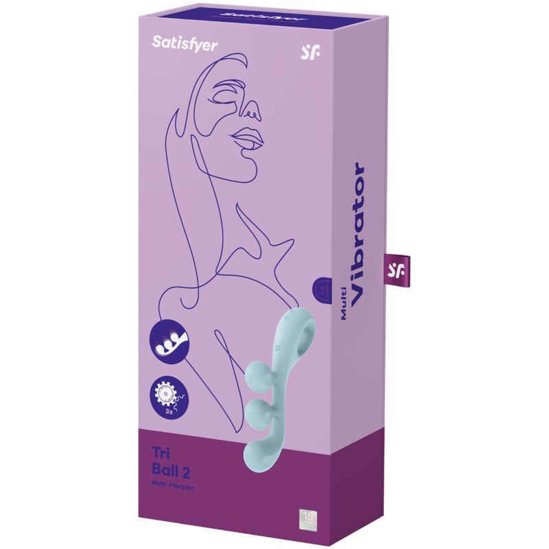 Verpackung von Satisfyer Tri Ball 2. Lila Schachtel mit Produktabbildung und Schriftzug.