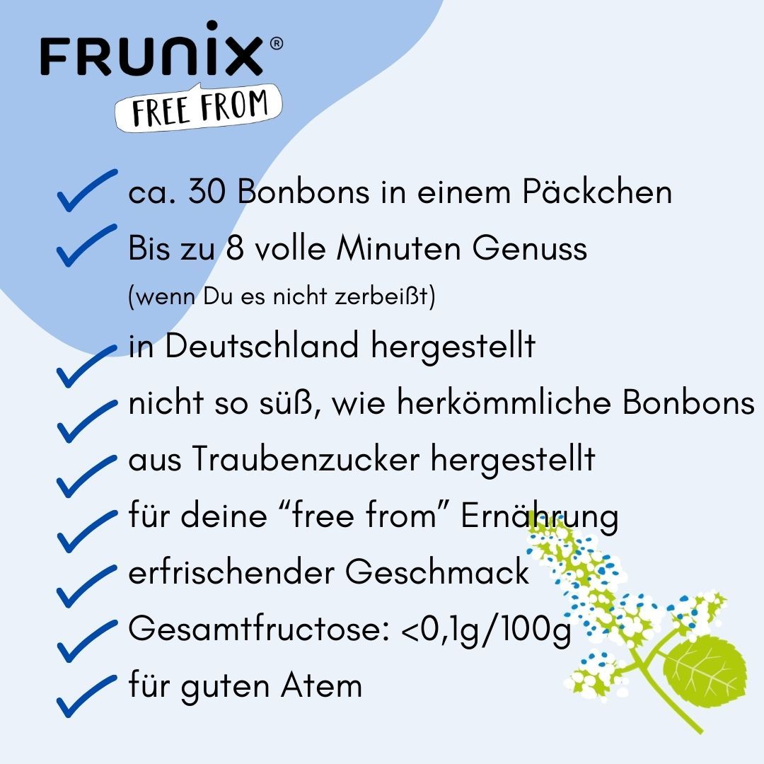 Text mit Vorteilen der FRUNIX® Bonbons: ca. 30 Bonbons, bis zu 8 Minuten Genuss, hergestellt in Deutschland, erfrischender Geschmack.