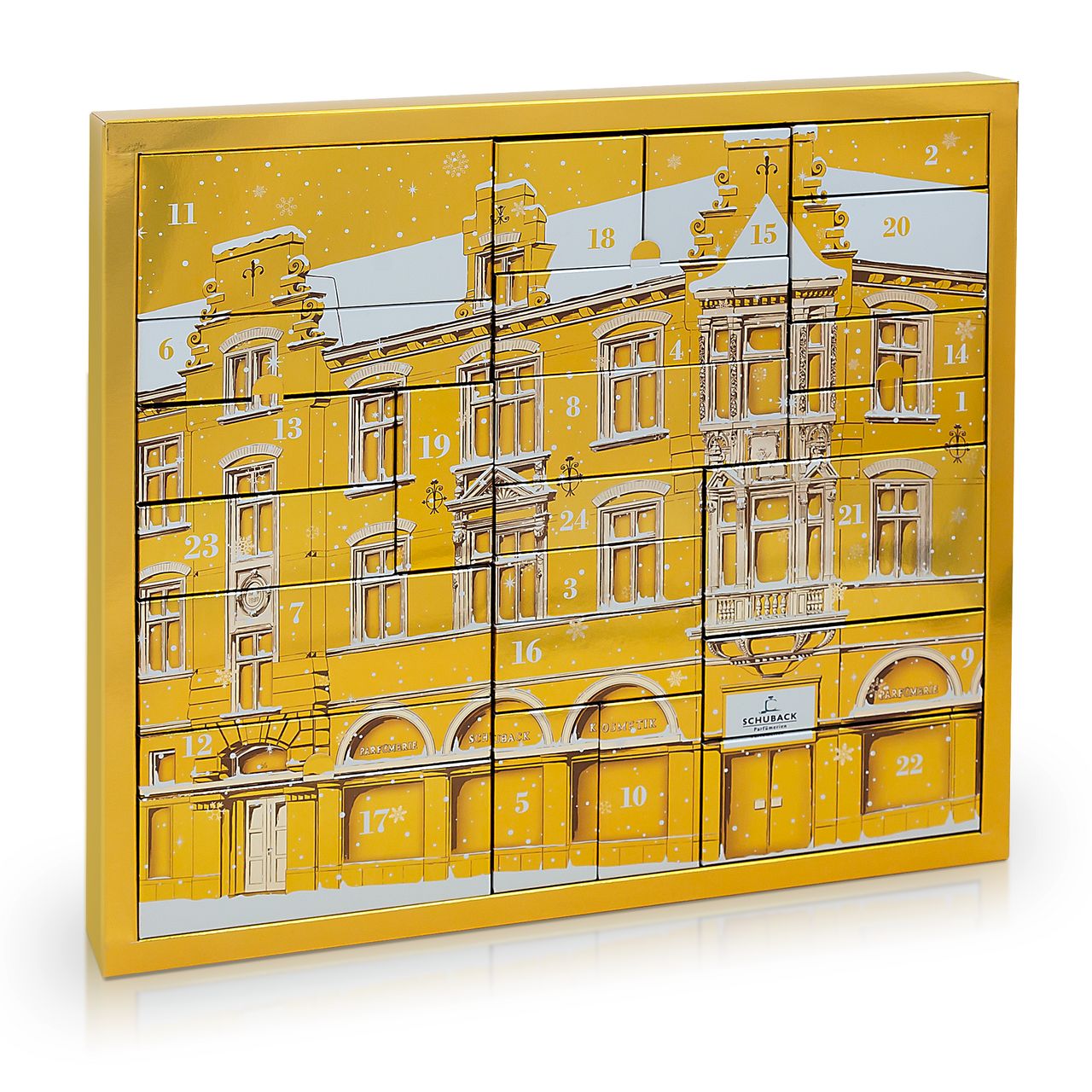 Adventskalender mit goldfarbenem Rahmen und Fassadenmotiv. 24 Türchen mit Zahlen. Schneeflocken-Dekor.