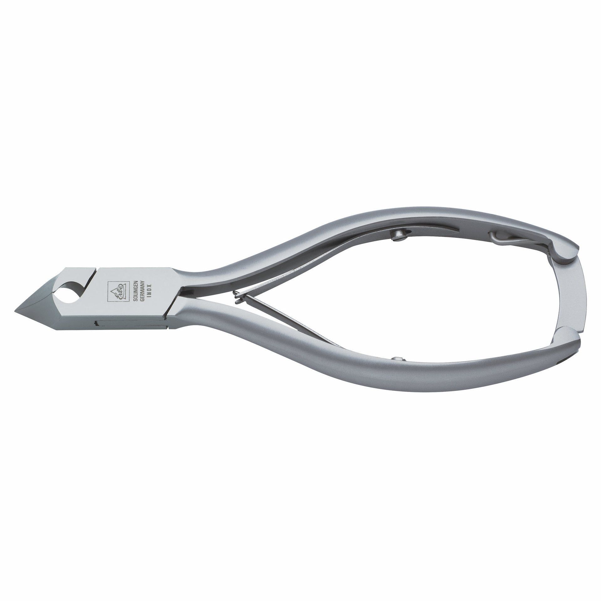 Nagelzange aus Edelstahl. Silberfarben, ergonomische Form. Mit Logo und Prägung.