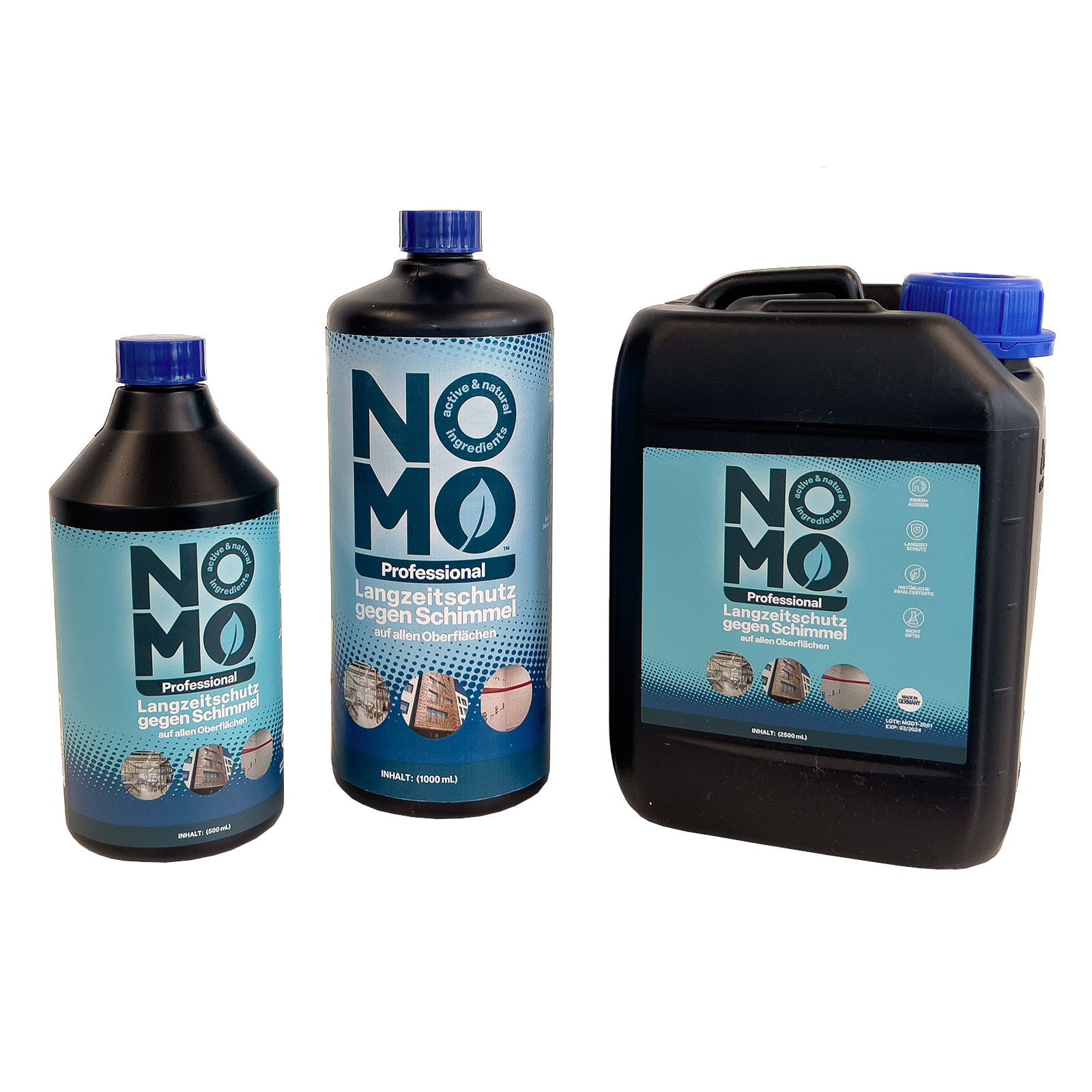 Drei NOMO Professional Behälter gegen Schimmel. Verschiedene Größen, blaue Flaschen und Kanister mit blauem Deckel. Etiketten mit Logo und Text.