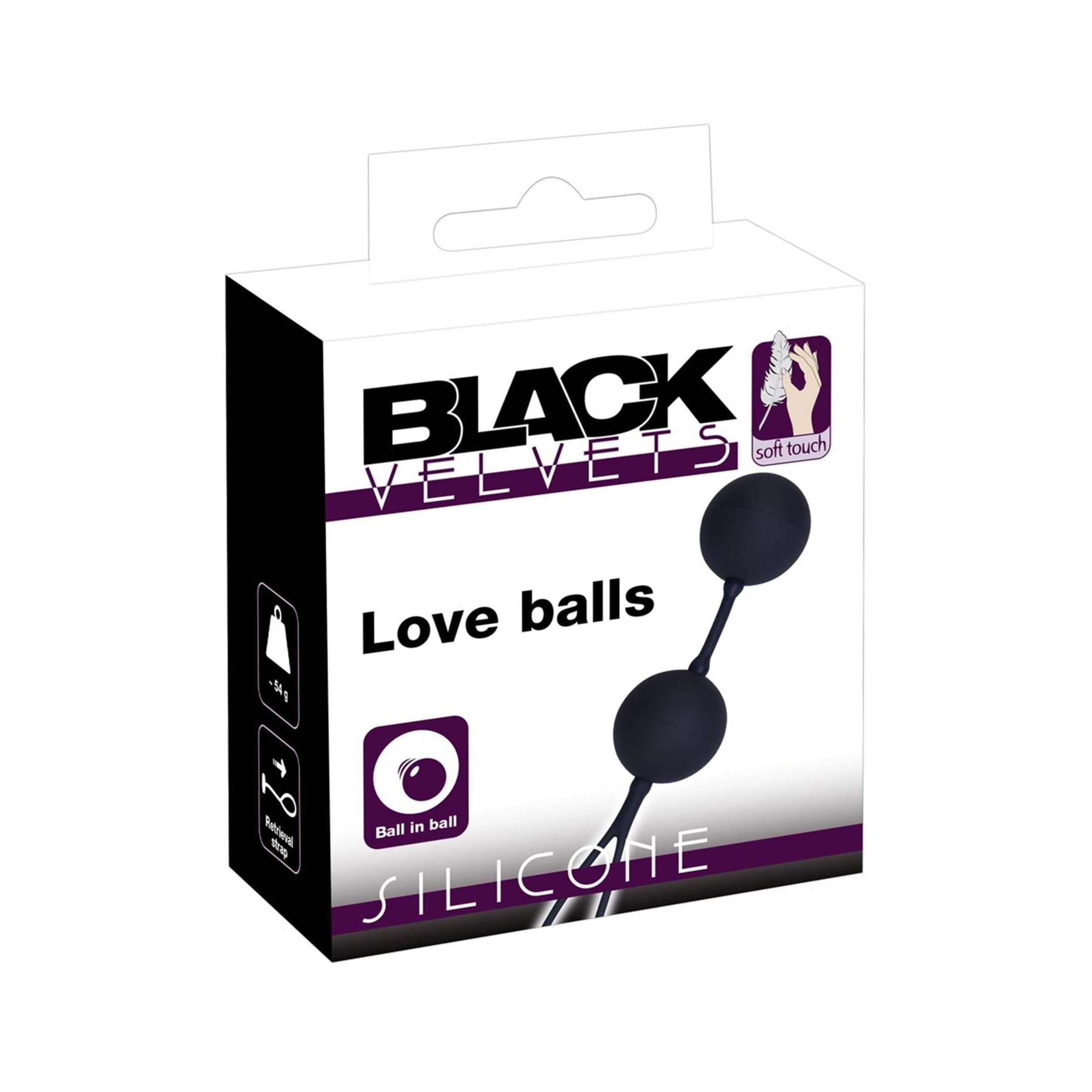 Verpackung mit Produktnamen "Black Velvets Love balls". Zwei schwarze Kugeln mit Verbindungsstück und Schlaufe. "Ball in ball"-Symbol.