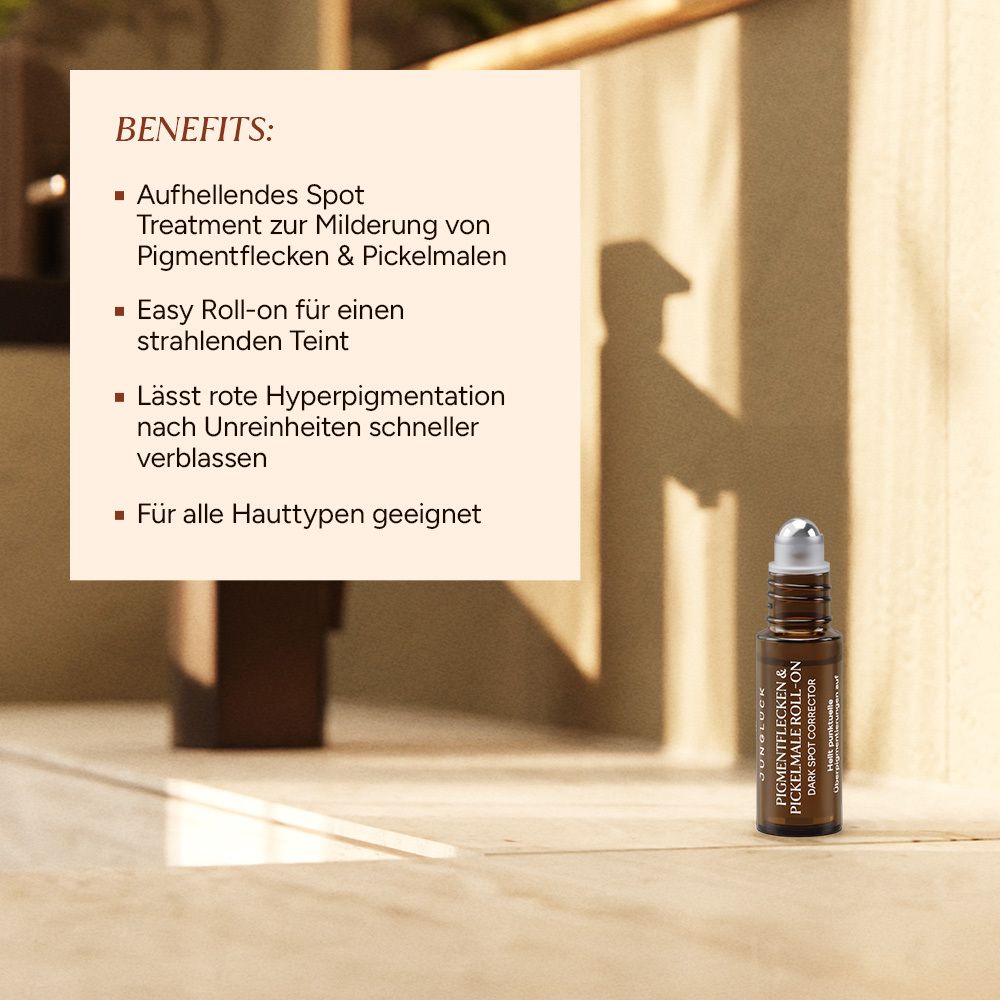 Produkt und Text. Text: BENEFITS: Aufhellendes Spot Treatment, Easy Roll-on, Rote Hyperpigmentierung verblassen, Für alle Hauttypen geeignet.
