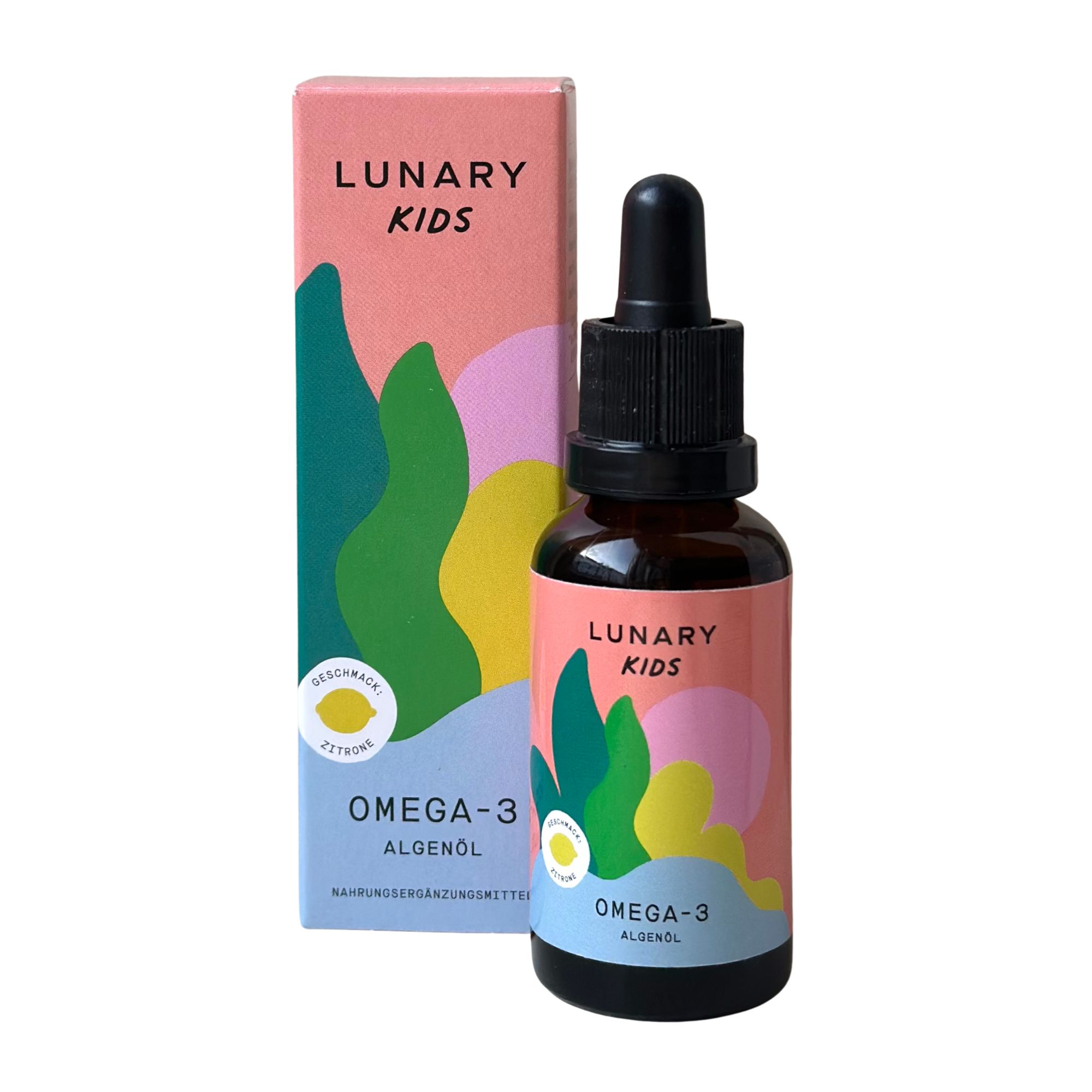 Braune Glasflasche mit schwarzem Deckel und Pipette. Daneben eine Verpackung mit Produktnamen und Omega-3 Algenöl.