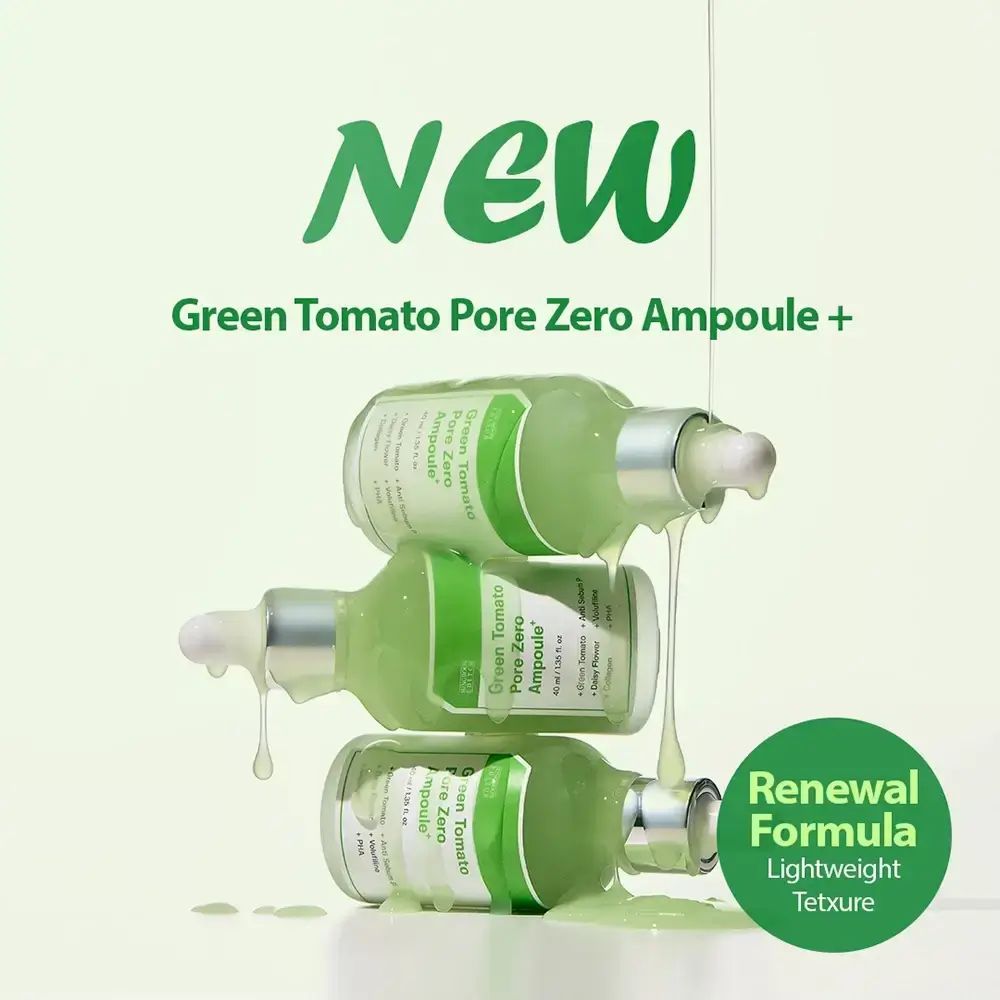 Drei grüne Flaschen, die übereinander gestapelt sind. Aufschrift: Green Tomato Pore Zero Ampoule+. Text: Renewal Formula, Lightweight Texture.