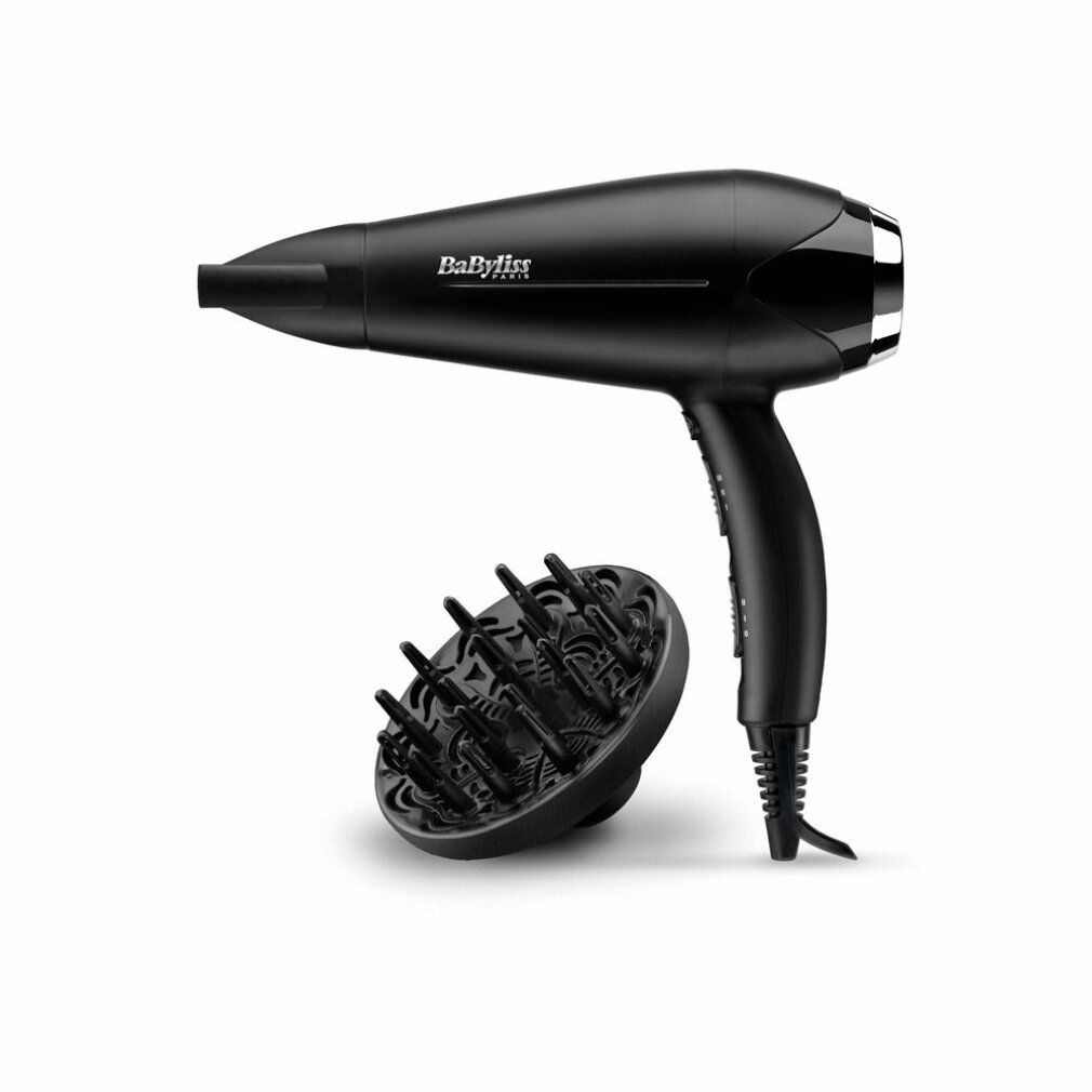 Schwarzer Haartrockner mit Diffusor. Marke BaByliss. Silberne Akzente. Kabelanschluss.