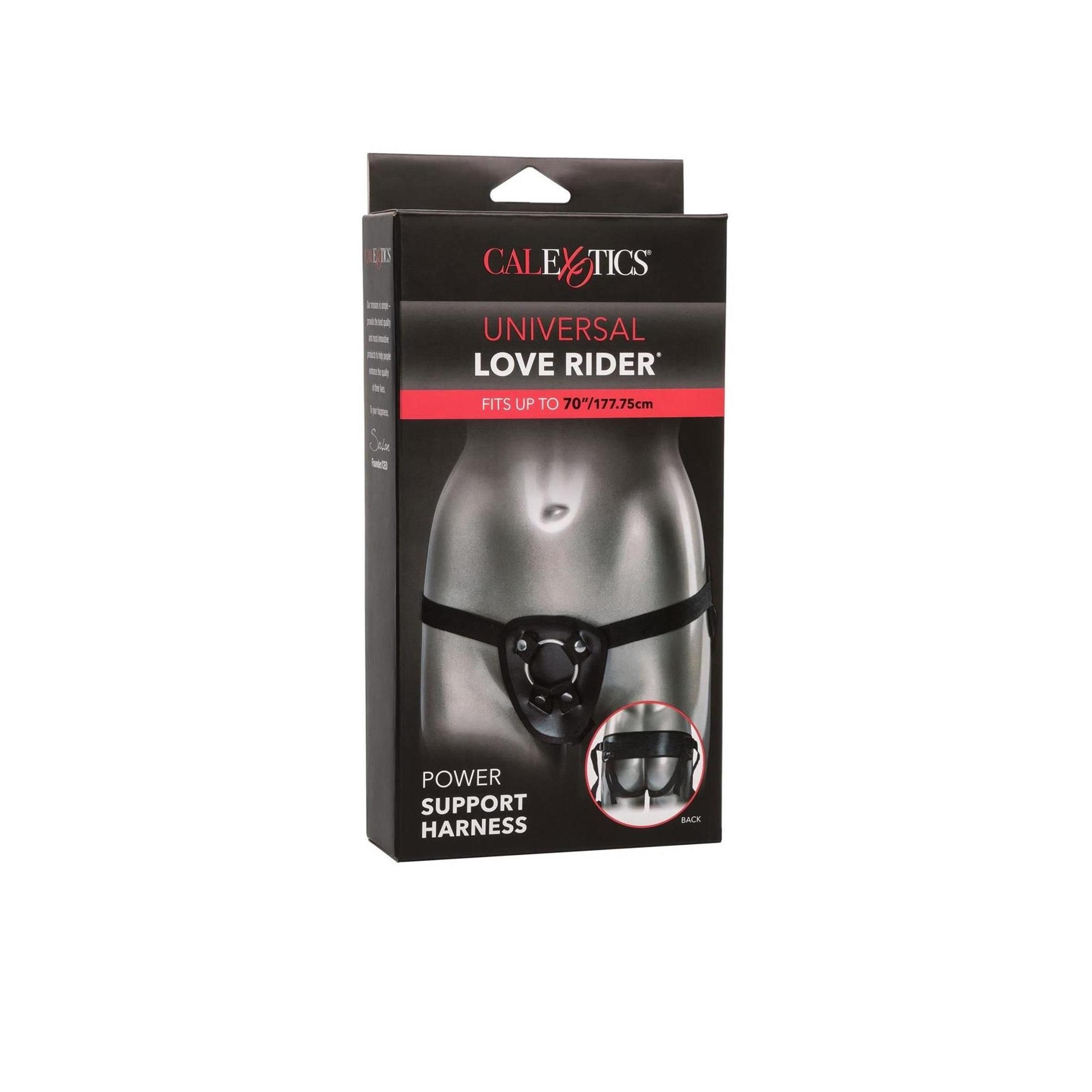 Schwarze Verpackung mit Produktabbildung. Text: CalExotics, Universal Love Rider, Power Support Harness. Produkt: schwarzer Harness.