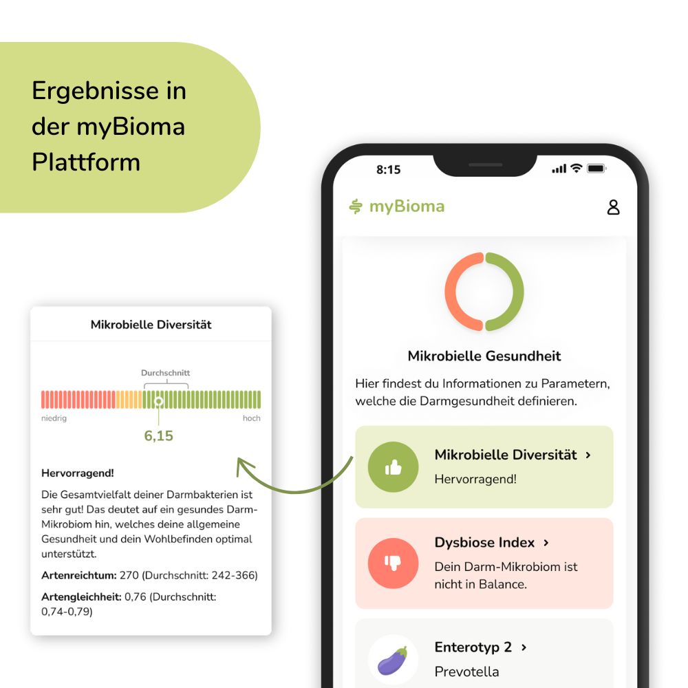 Smartphone-Bildschirm mit myBioma-App. Zeigt Ergebnisse zur Darmgesundheit, Diagramme und Text.
