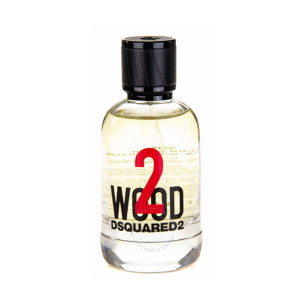 Glasflakon mit schwarzem Deckel. Aufschrift: 2 WOOD DSQUARED2. Rote Ziffer 2.