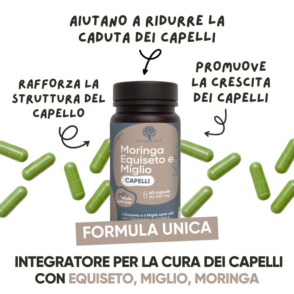 Flasche mit Kapseln und grüne Kapseln. Text: Moringa Equiseto Miglio CAPELLI. Hilft Haarausfall zu reduzieren, stärkt die Haarstruktur.
