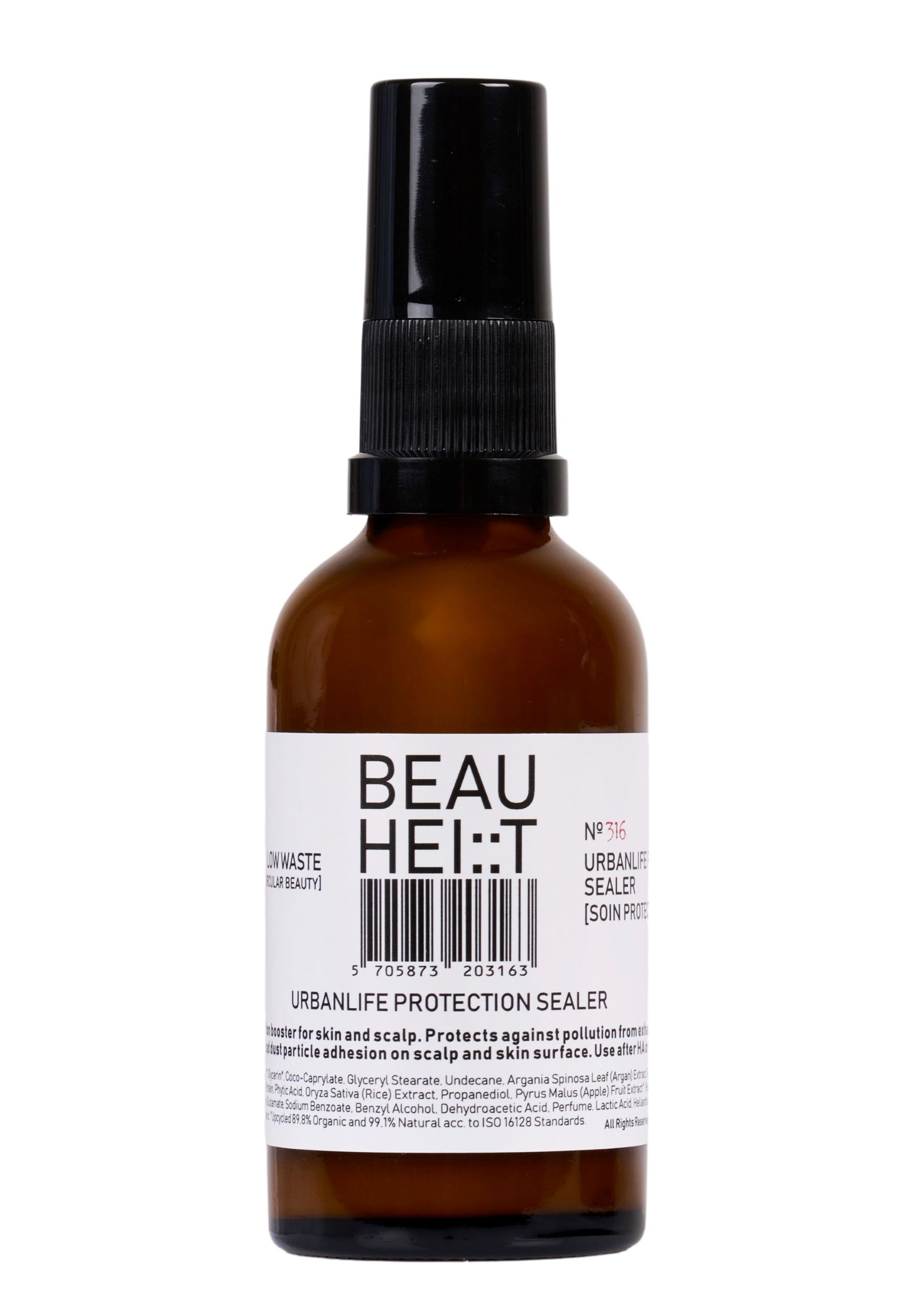 Braune Glasflasche mit schwarzem Sprühkopf. Weißes Etikett mit Text: BEAUHEIT Urbanlife Protection Sealer. Produktnummer.