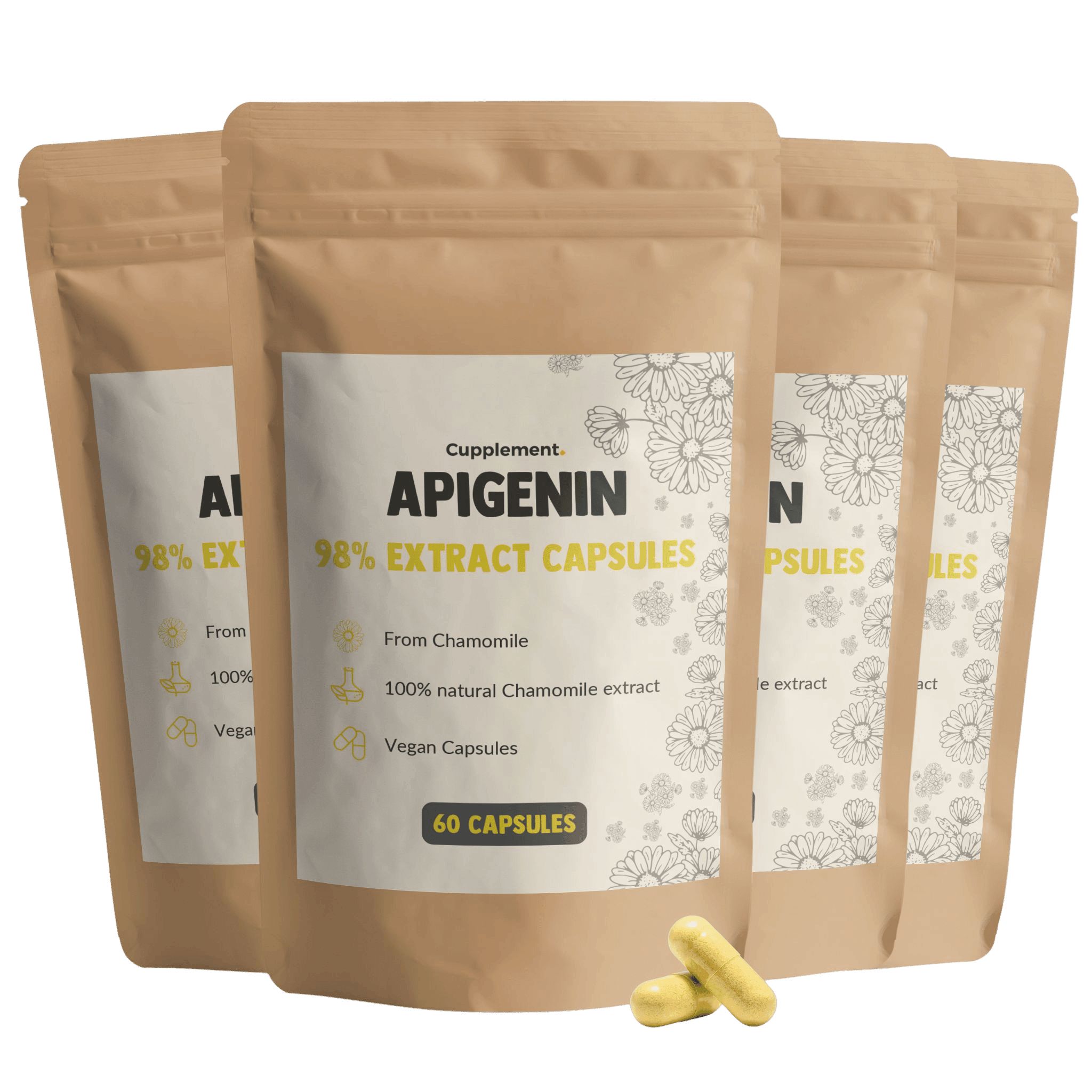 Mehrfachpackung Cupplement® Apigenin Extrakt Kapseln. Vier Beutel mit 60 Kapseln. Gelbe Kapseln liegen daneben.