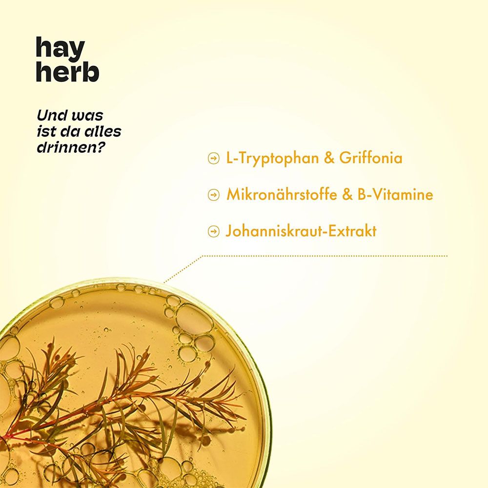Gelber Hintergrund mit "hay herb" Logo und Text. Nahaufnahme von Pflanzen in einer Glasröhre. Text: L-Tryptophan & Griffonia, Mikronährstoffe & B-Vitamine, Johanniskraut-Extrakt.