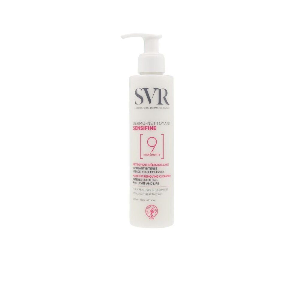 Weißer Spender mit SVR-Logo und Produktbezeichnung. Enthält 9 Inhaltsstoffe. Text: Dermo-Nettoyant Sensifine, Make-up-Entferner.