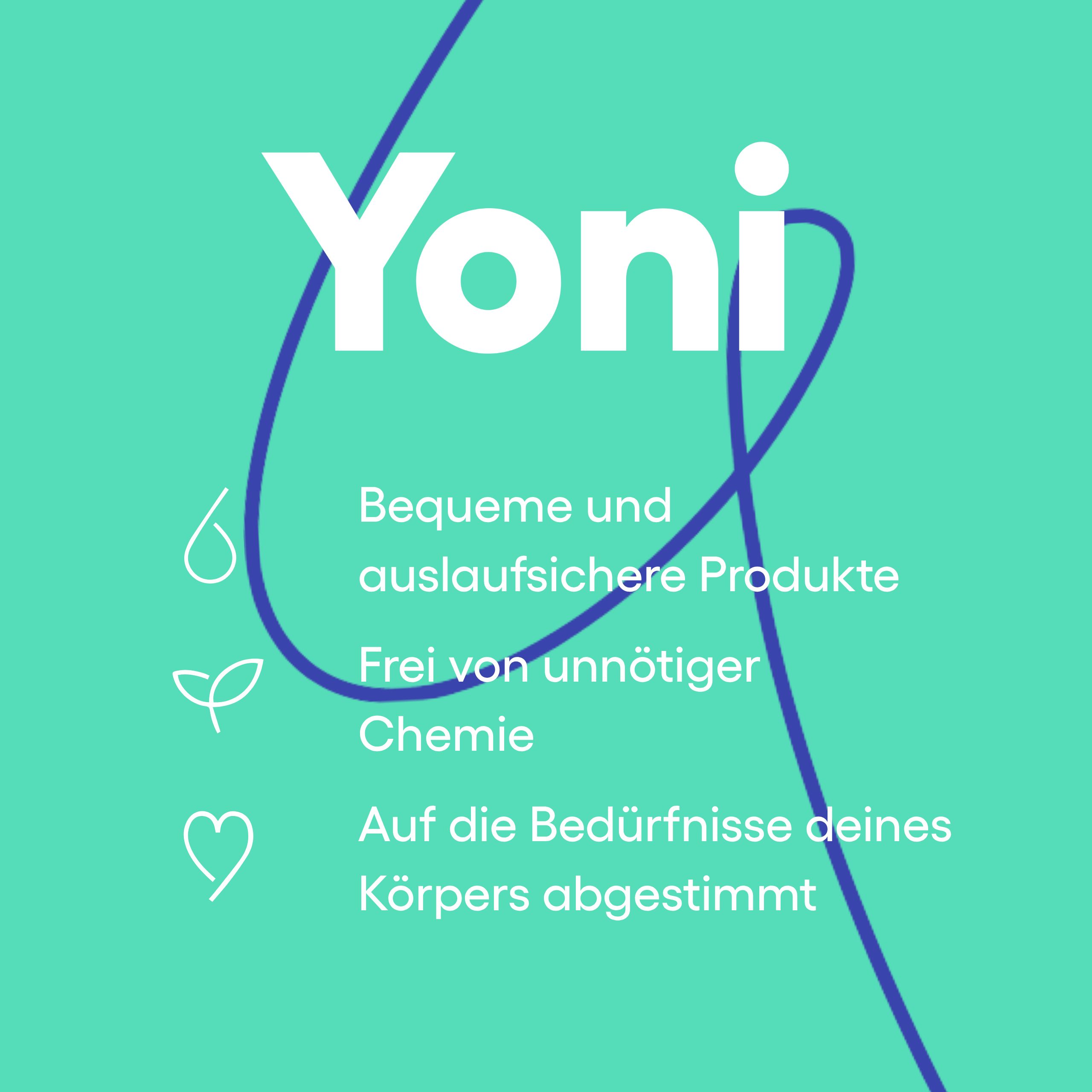 Yoni Logo, Collage mit Hautpartie und Produktverpackungen.