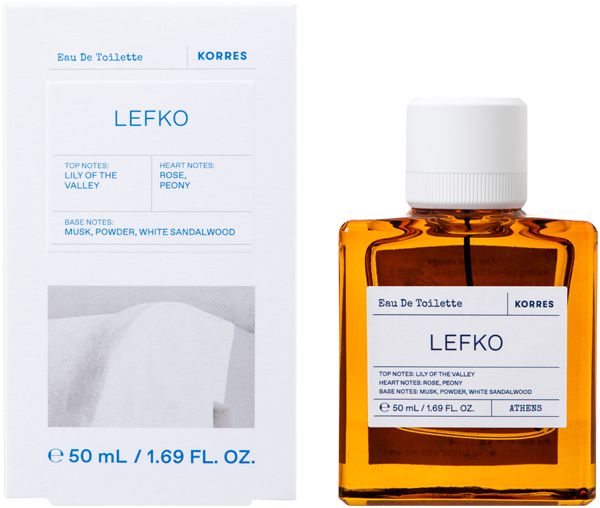 KORRES Lefko Eau de Toilette. Flakon und Verpackung. Weißes Etikett mit Produktinformationen. 50 ml.