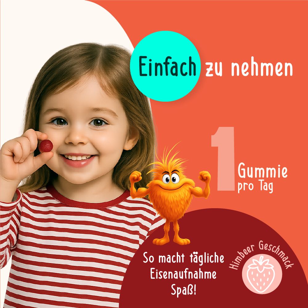 Kind lächelt und hält rotes Gummibärchen. Text: Einfach zu nehmen, 1 Gummie pro Tag, Himbeergeschmack. Figur daneben.
