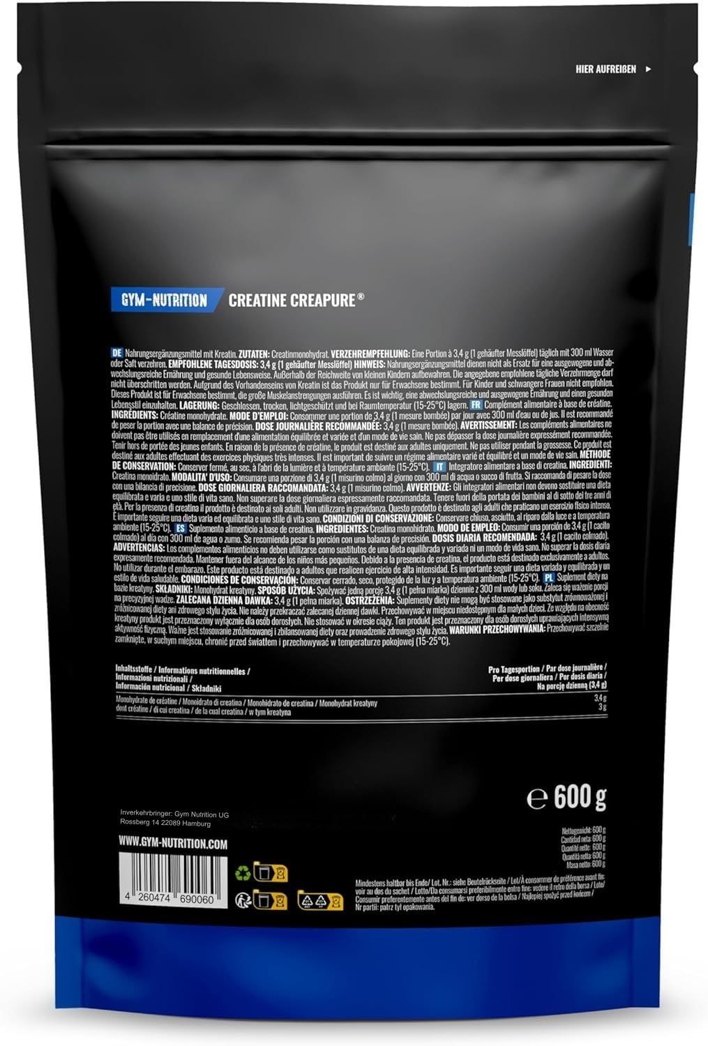 Rückseite der schwarzen Verpackung. Text in mehreren Sprachen. 600g. Gym-Nutrition Logo. Informationen zum Produkt.