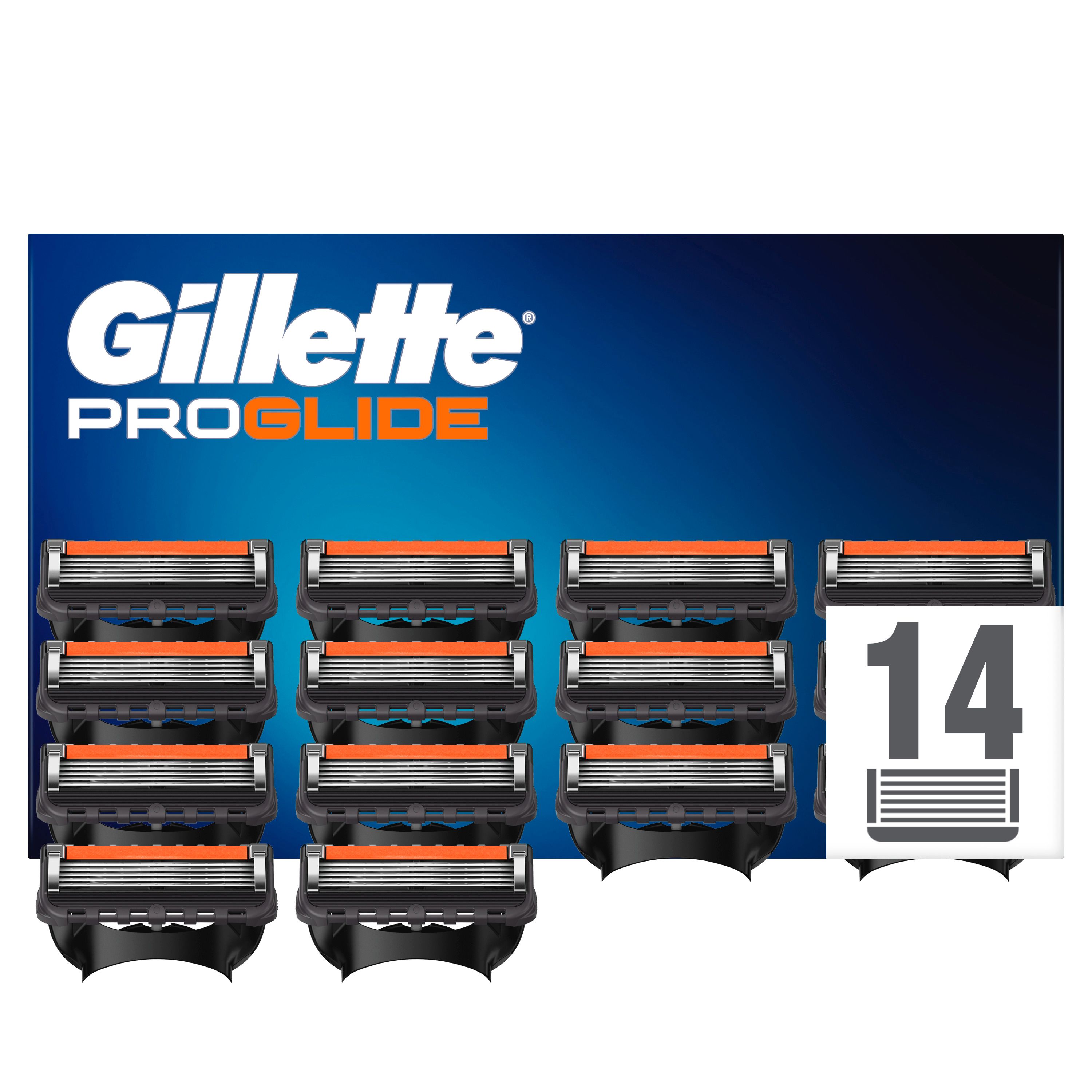 Gillette ProGlide Ersatzklingen. Packung mit 14 Klingen. Schwarze und orangefarbene Klingen in einer blauen Verpackung mit weißer Schrift.