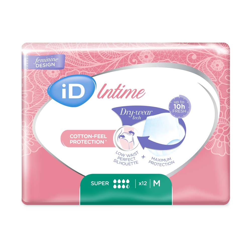 Verpackung iD Intime Pants Super M. Rosa Verpackung mit Produktabbildung und Text. Größe M, 12 Stück.