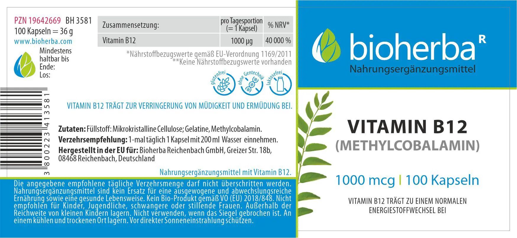 Bioherba Vitamin B12 Kapseln: Etikett mit Zutatenliste, Dosierung und Herstellerangaben.