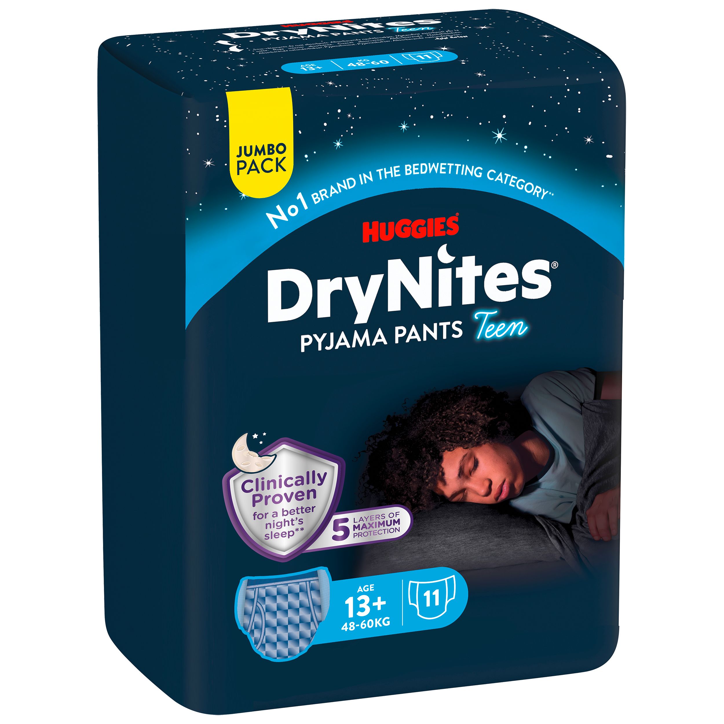 Huggies DryNites Pyjama Pants Teen, blaue Verpackung. Alter 13+, 48-60kg. Jumbo Pack. Mit Abbildung eines schlafenden Jungen.