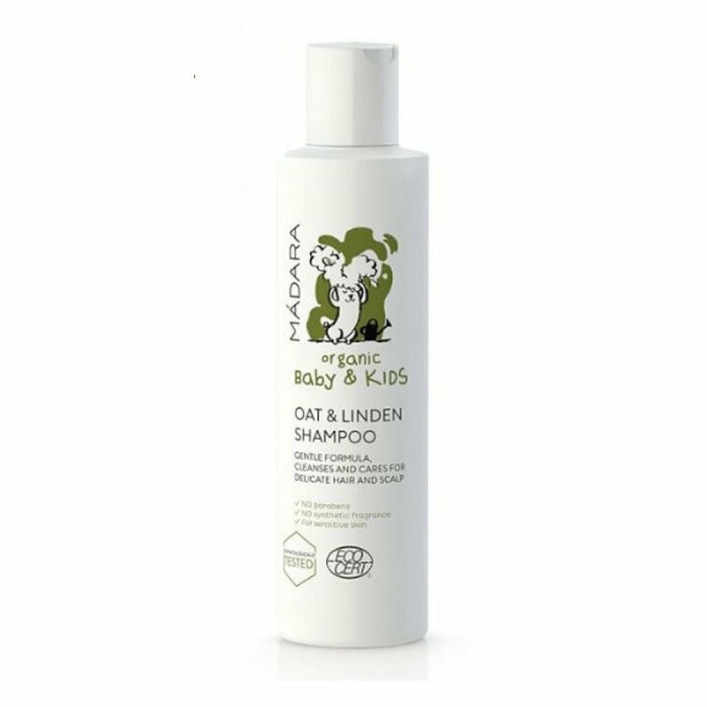 Weißes Shampoo mit grünem Etikett. Aufschrift: Madara, organic Baby & Kids, Oat & Linden Shampoo. Mit Eco Cert Siegel.