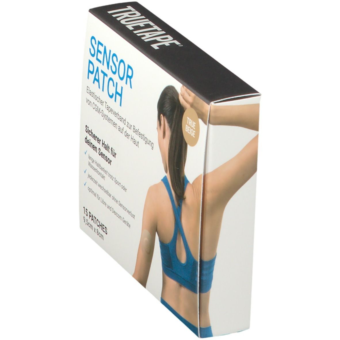 Schräg stehende Verpackung von TRUETAPE® SENSORPATCH. Weißer Karton mit Produktname und Abbildung.