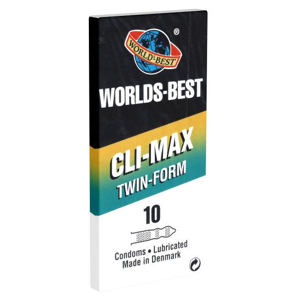 Verpackung mit Kondomen. Marke: Worlds Best. Aufschrift: CLI-MAX Twin-Form. Enthält 10 Stück. Hergestellt in Dänemark.